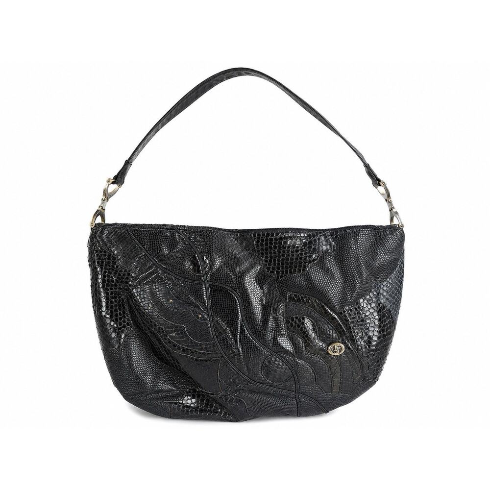Vintage Carlo Fiori Black Exotic Leather Patchwork Slouch Hobo Bag Made in Italy